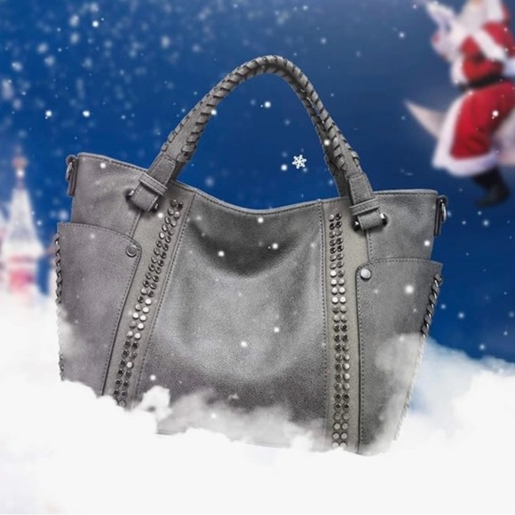 New Realer Gray Large Capacity Shoulder Bag/Tote Studded Details - Picture 10 of 16